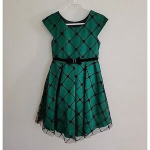 Jona Michelle Girls Dress 5 Emerald Green Satin Black Mesh Festive Holiday Party